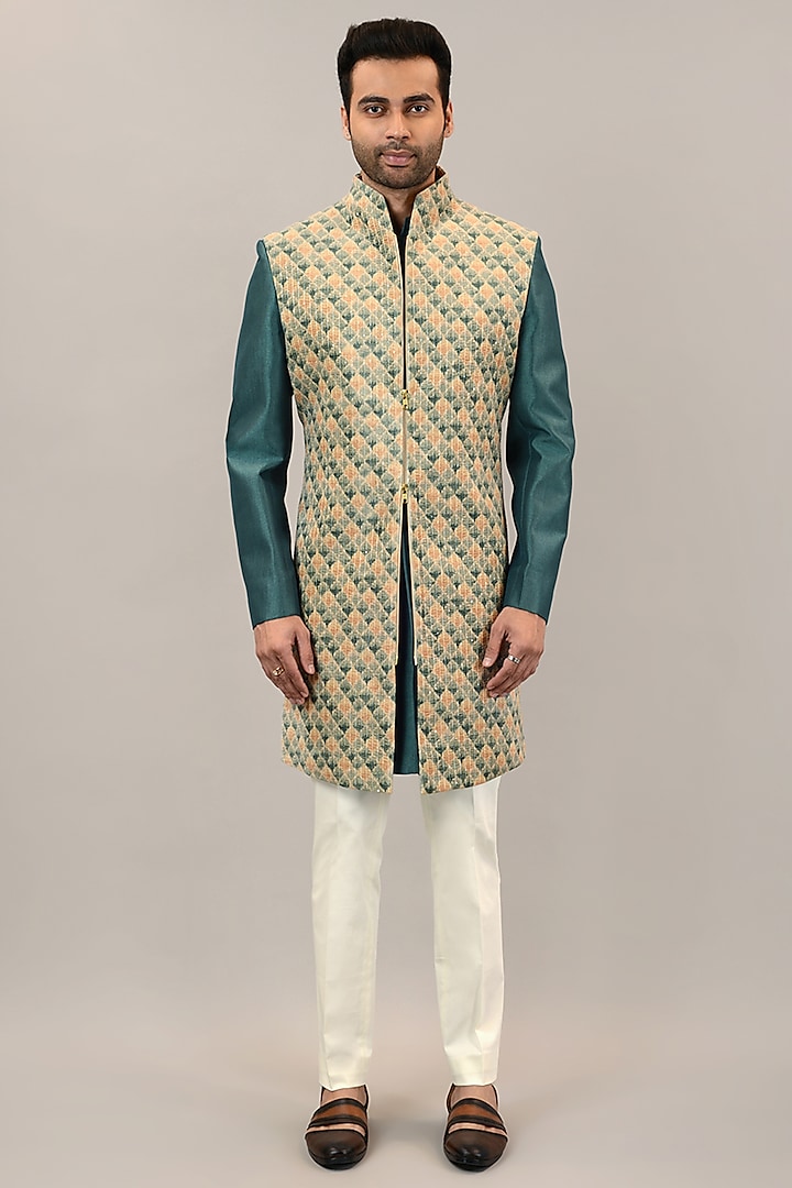 Cream-Green Velvet Printed & Embroidered Indowestern Set by STEEL