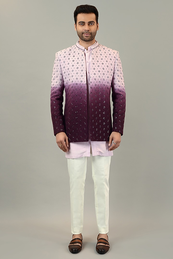 Wine Ombre Viscose Silk Hand Work Wedding Indowestern Set by STEEL at Pernia's Pop Up Shop