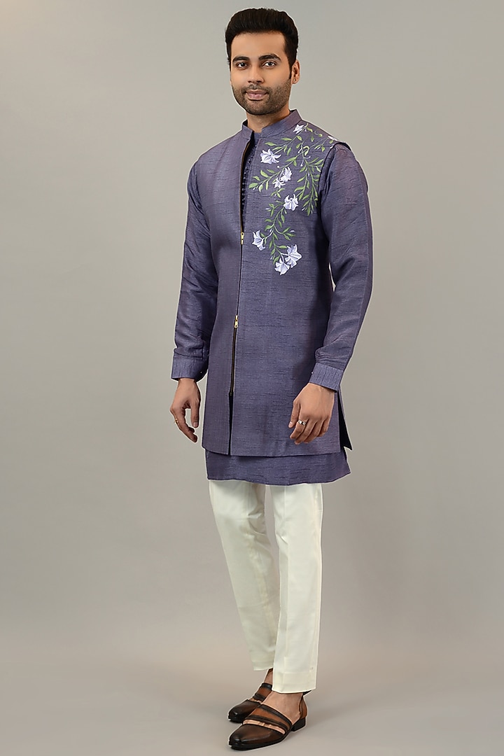 Dusty Purple Viscose Silk Handpainted Wedding Indowestern Set by STEEL at Pernia's Pop Up Shop