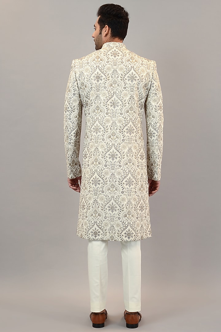 Cream Viscose Silk Embroidered Wedding Sherwani Set by STEEL at Pernia's Pop Up Shop
