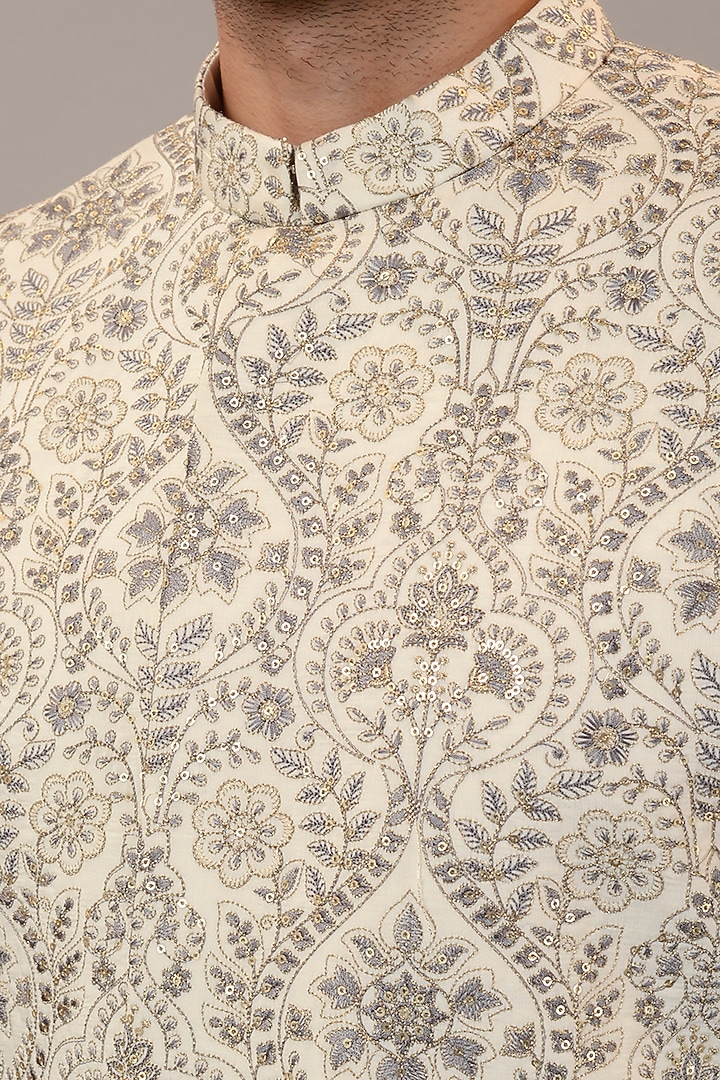 Cream Viscose Silk Embroidered Wedding Sherwani Set by STEEL at Pernia's Pop Up Shop