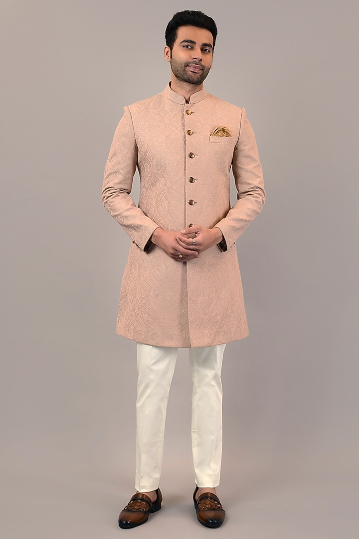 Beige Pashmina Wedding Indowestern Set by STEEL at Pernia's Pop Up Shop