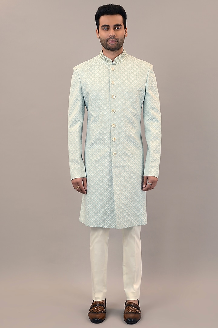Mint Jacquard Hand Work Wedding Indowestern Set by STEEL at Pernia's Pop Up Shop
