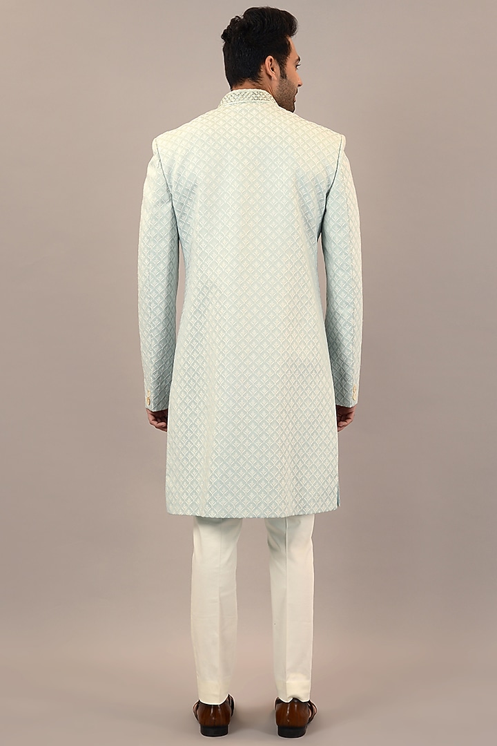 Mint Jacquard Hand Work Wedding Indowestern Set by STEEL at Pernia's Pop Up Shop