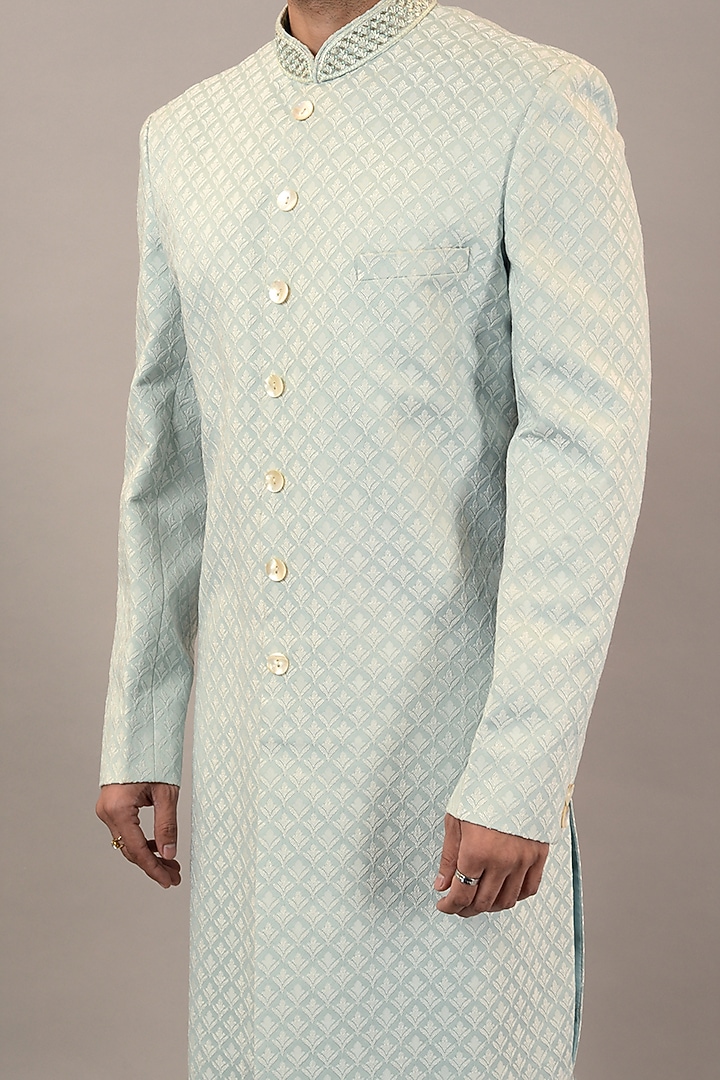 Mint Jacquard Hand Work Wedding Indowestern Set by STEEL at Pernia's Pop Up Shop