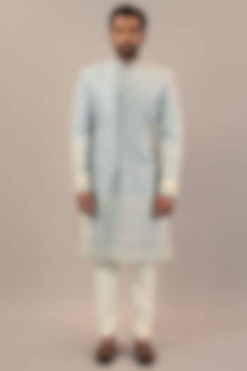 Sky Blue Net Embroidered Indowestern Set by STEEL at Pernia's Pop Up Shop