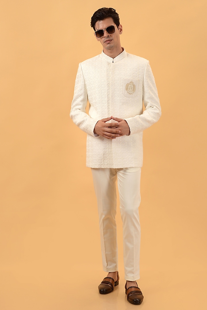 Off White Lucknowi Handwork Jodhpuri Set by STEEL