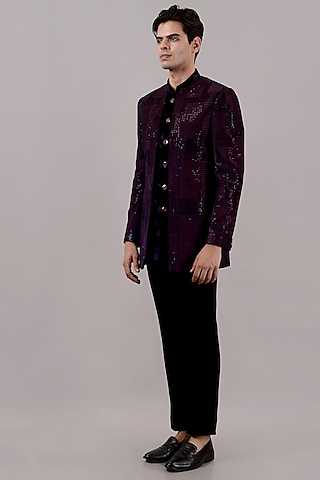 Wine Velvet Machine Embroidered Jodhpuri Set by STEEL
