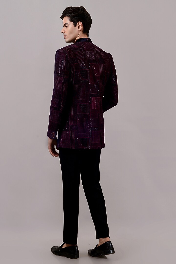 Wine Velvet Machine Embroidered Jodhpuri Set by STEEL at Pernia's Pop Up Shop