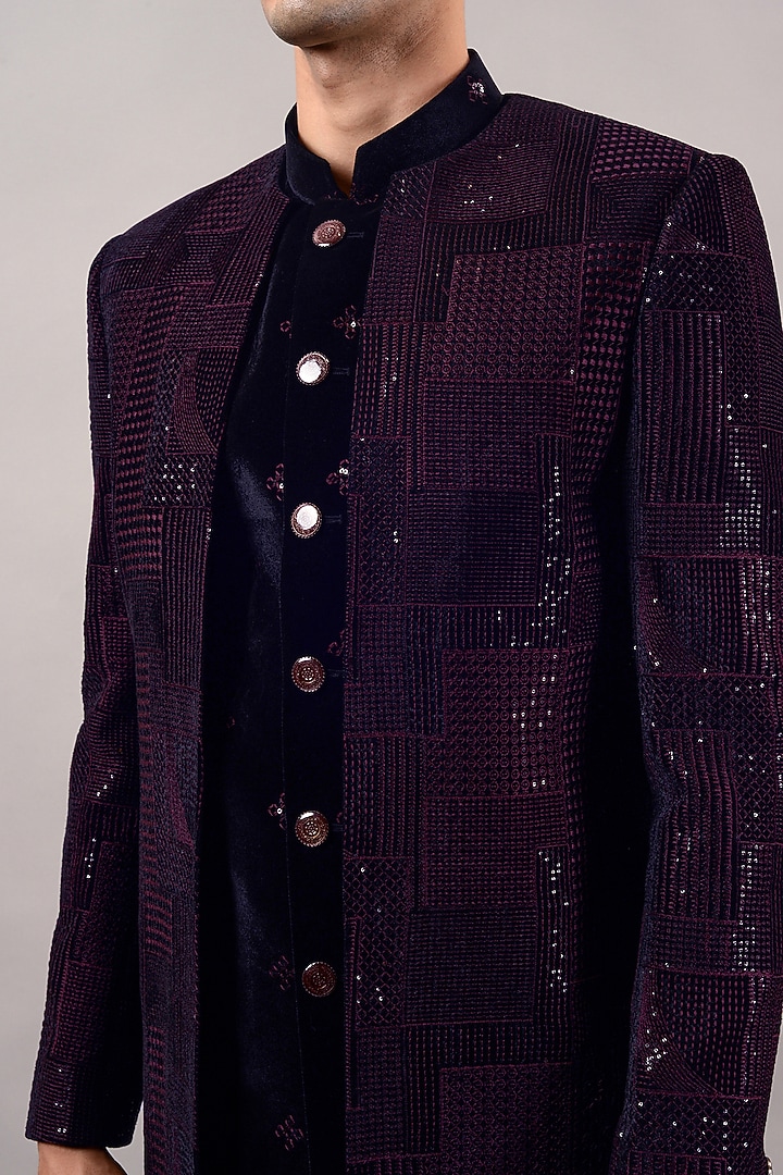 Wine Velvet Machine Embroidered Jodhpuri Set by STEEL at Pernia's Pop Up Shop