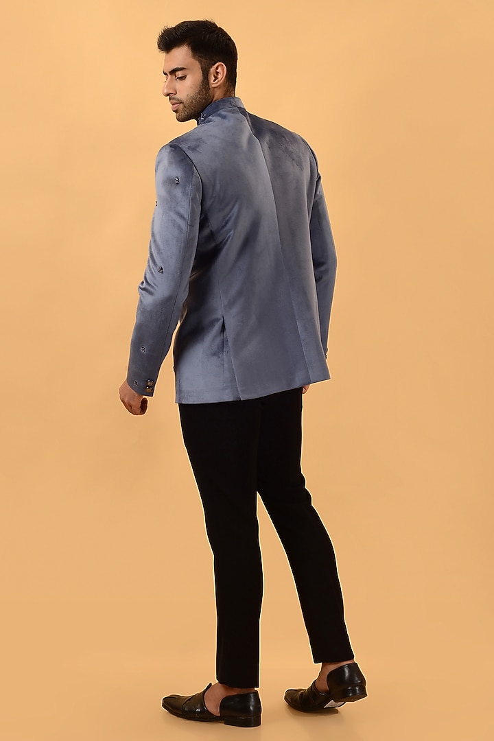 Blueish Grey Velvet Hand Embroidered Jodhpuri Set by STEEL at Pernia's Pop Up Shop