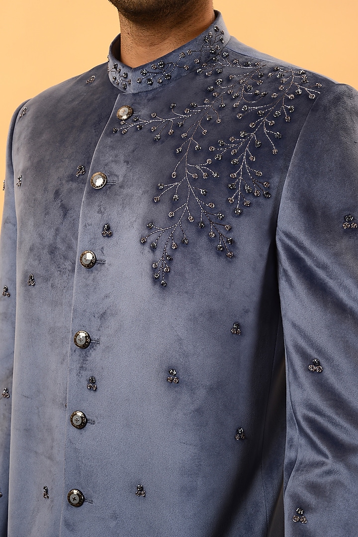 Blueish Grey Velvet Hand Embroidered Jodhpuri Set by STEEL at Pernia's Pop Up Shop