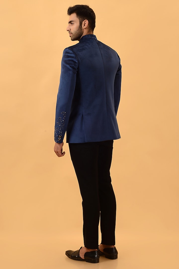 Blue Velvet Hand Embroidered Jodhpuri Set by STEEL at Pernia's Pop Up Shop