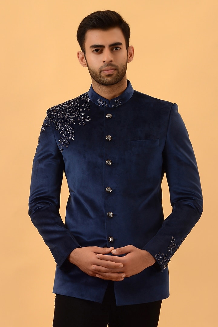 Blue Velvet Hand Embroidered Jodhpuri Set by STEEL at Pernia's Pop Up Shop