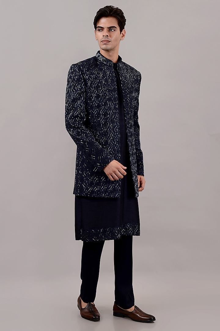 Blue Raw Silk Machine & Hand Embroidered Indo-Western Set by STEEL at Pernia's Pop Up Shop