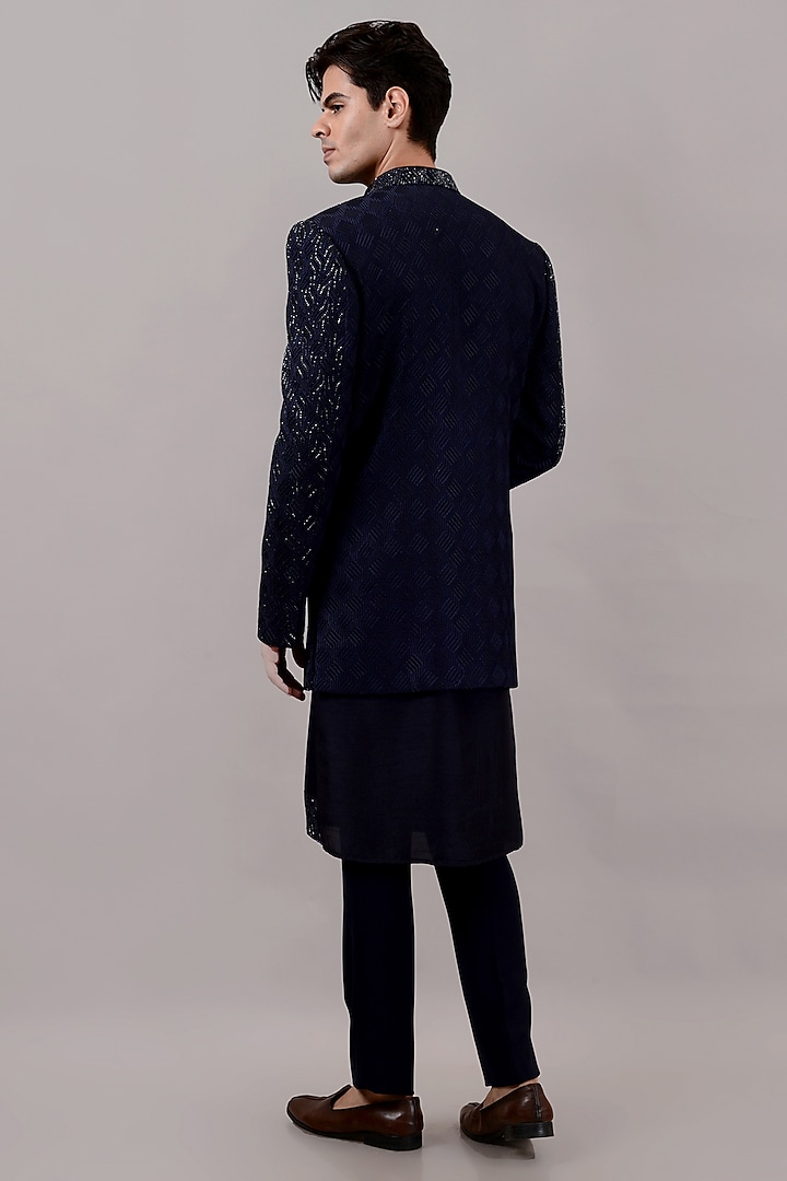 Blue Raw Silk Machine & Hand Embroidered Indo-Western Set by STEEL at Pernia's Pop Up Shop