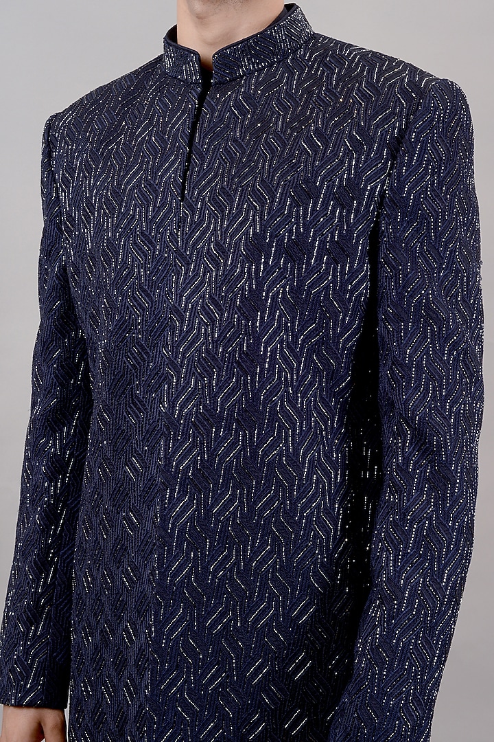 Blue Raw Silk Machine & Hand Embroidered Indo-Western Set by STEEL at Pernia's Pop Up Shop