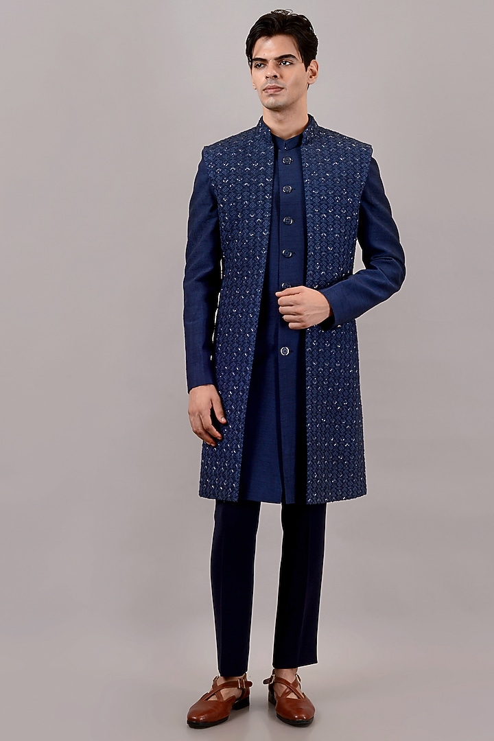 Blue Raw Silk Machine & Hand Embroidered Indo-Western Set by STEEL at Pernia's Pop Up Shop
