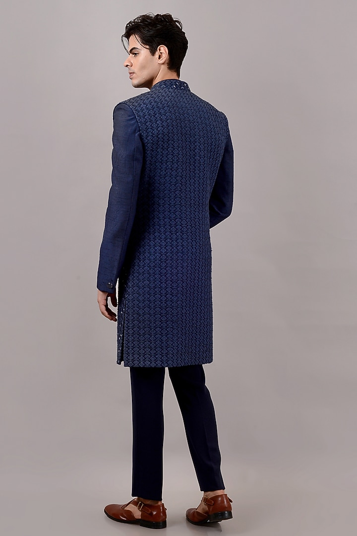 Blue Raw Silk Machine & Hand Embroidered Indo-Western Set by STEEL at Pernia's Pop Up Shop
