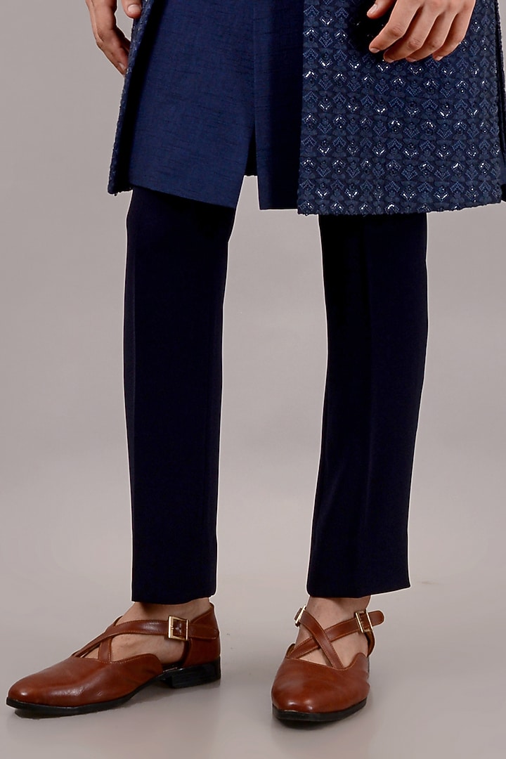 Blue Raw Silk Machine & Hand Embroidered Indo-Western Set by STEEL at Pernia's Pop Up Shop