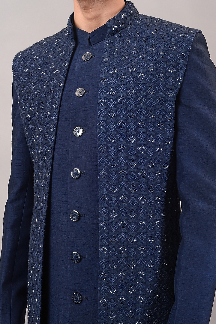 Blue Raw Silk Machine & Hand Embroidered Indo-Western Set by STEEL at Pernia's Pop Up Shop
