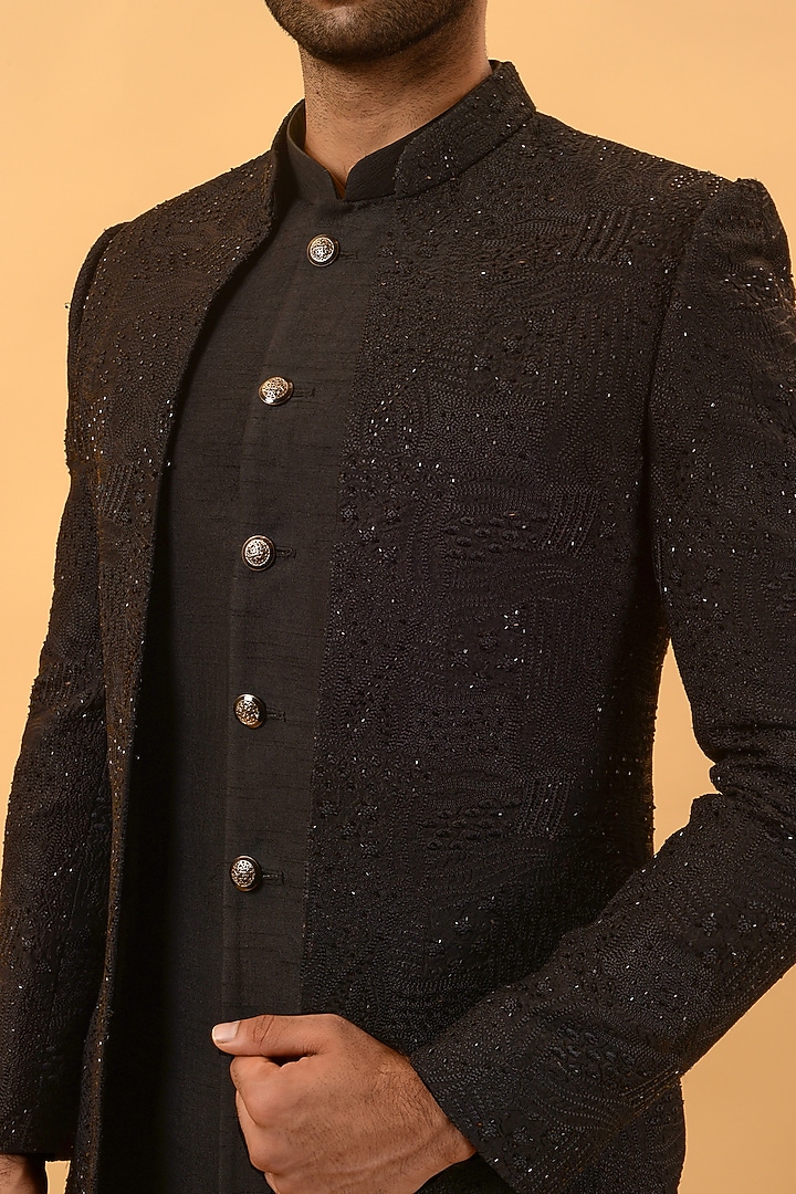 Black Raw Silk Hand Work Indo-Western Set by STEEL at Pernia's Pop Up Shop