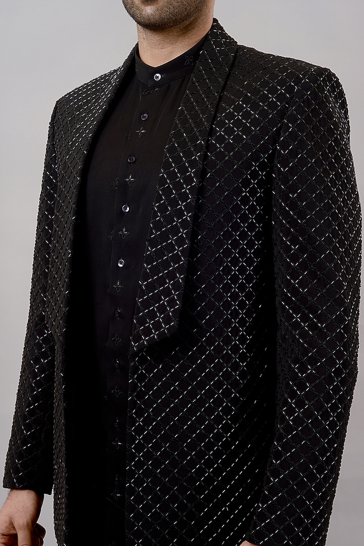Black Textured Suiting Hand Work Indo-Western Set by STEEL at Pernia's Pop Up Shop