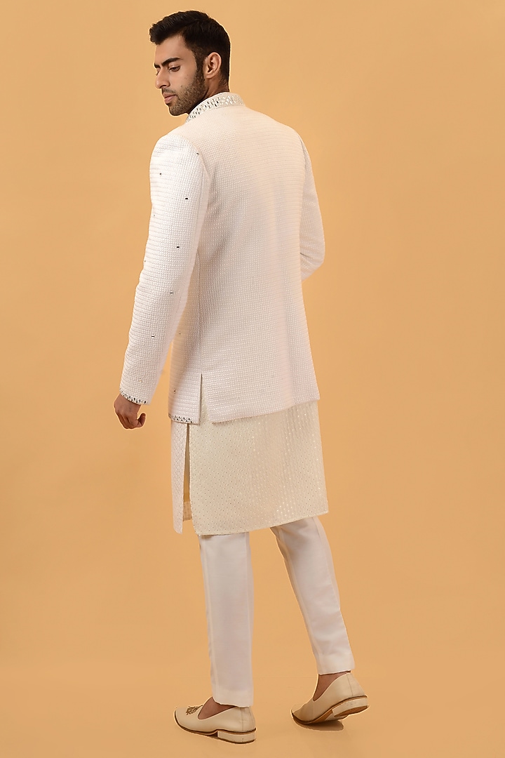 White Lucknowi Mirror Embroidered Indo-Western Set by STEEL at Pernia's Pop Up Shop