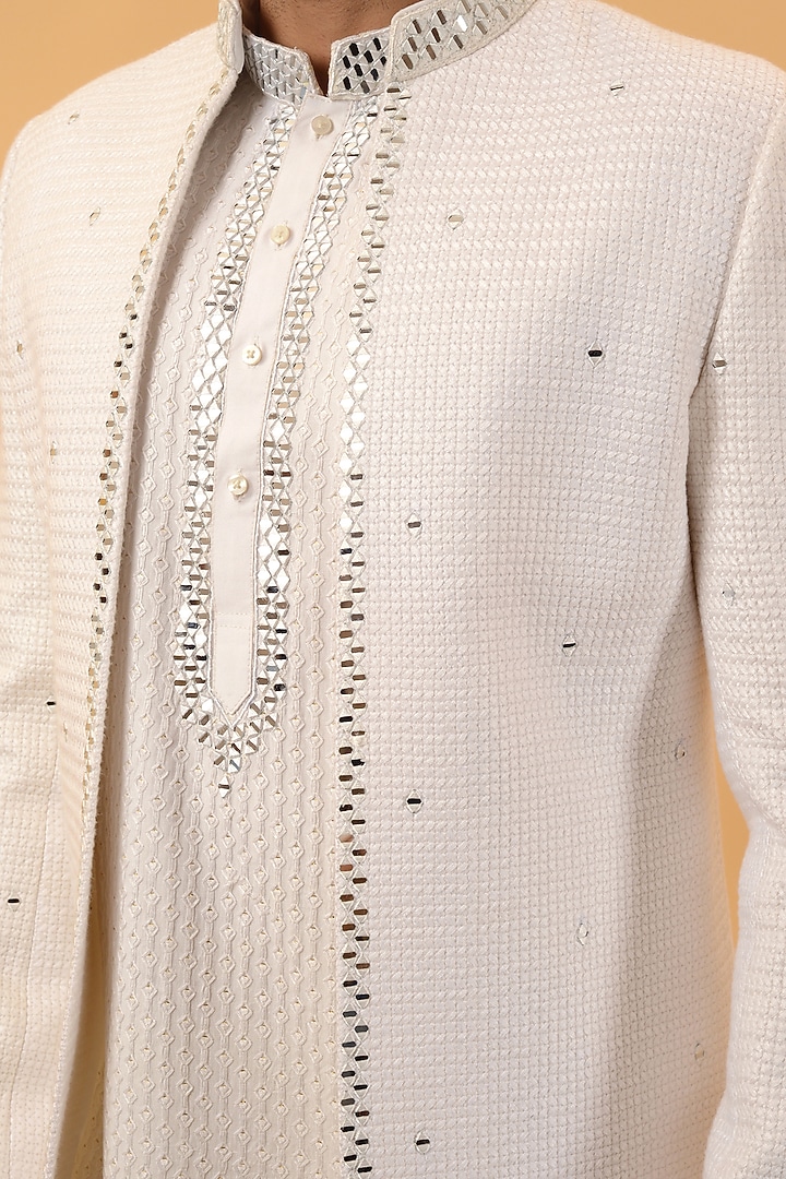 White Lucknowi Mirror Embroidered Indo-Western Set by STEEL at Pernia's Pop Up Shop