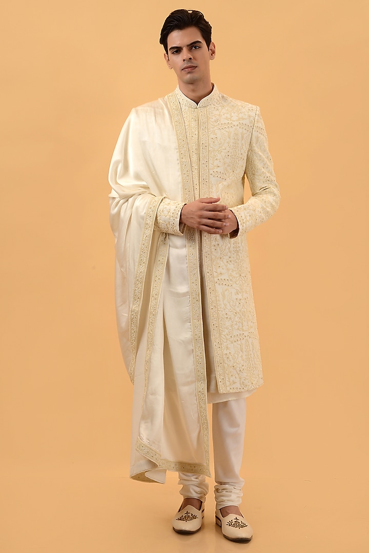 Beige Raw Silk Machine & Hand Embroidered Wedding Sherwani Set by STEEL at Pernia's Pop Up Shop