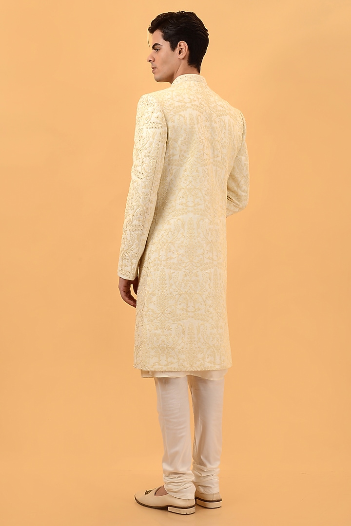 Beige Raw Silk Machine & Hand Embroidered Wedding Sherwani Set by STEEL at Pernia's Pop Up Shop