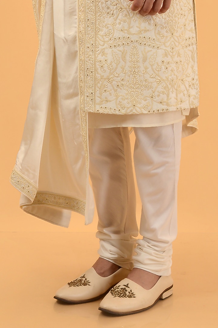 Beige Raw Silk Machine & Hand Embroidered Wedding Sherwani Set by STEEL at Pernia's Pop Up Shop