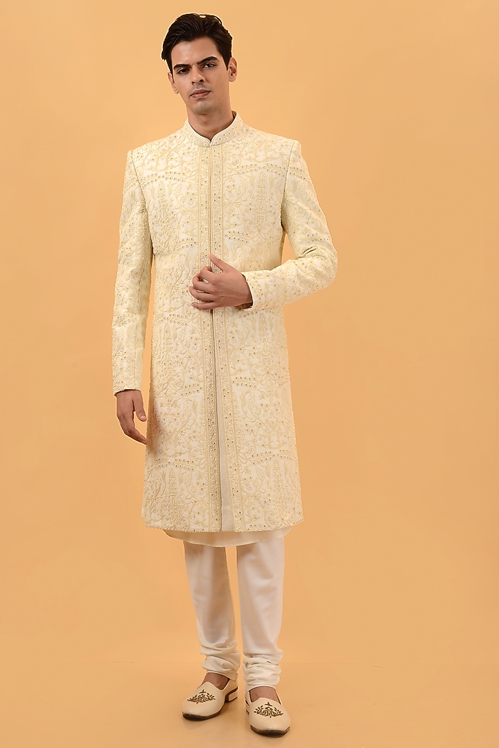 Beige Raw Silk Machine & Hand Embroidered Wedding Sherwani Set by STEEL at Pernia's Pop Up Shop