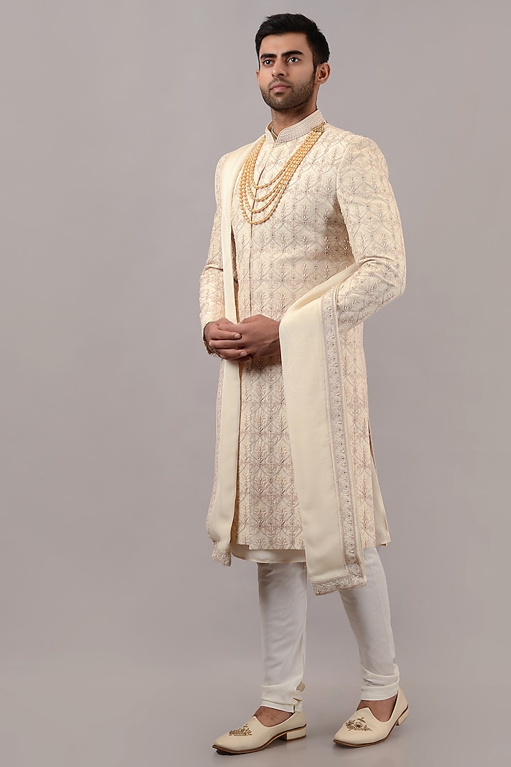 Beige Raw Silk Machine & Hand Embroidered Wedding Sherwani Set by STEEL at Pernia's Pop Up Shop