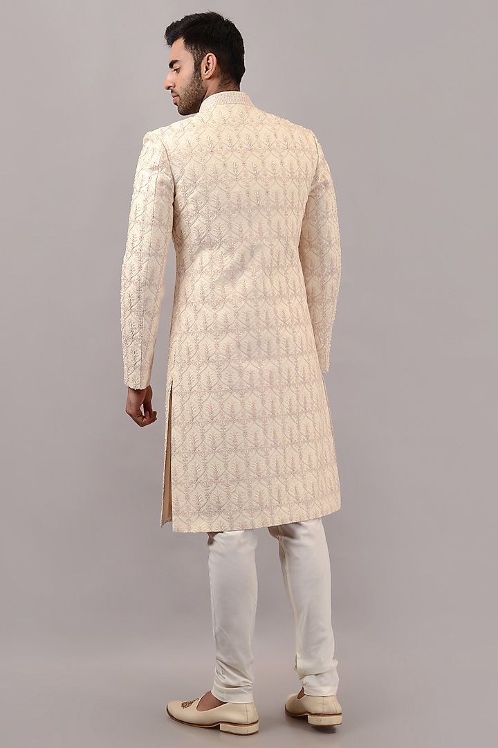 Beige Raw Silk Machine & Hand Embroidered Wedding Sherwani Set by STEEL at Pernia's Pop Up Shop