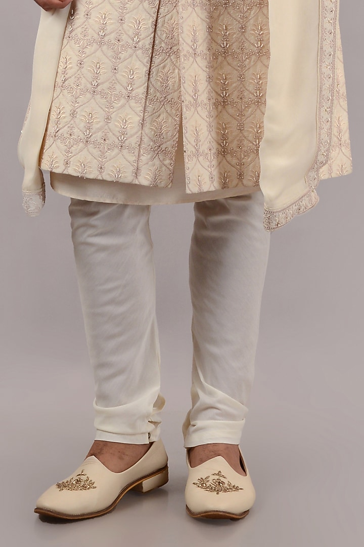Beige Raw Silk Machine & Hand Embroidered Wedding Sherwani Set by STEEL at Pernia's Pop Up Shop