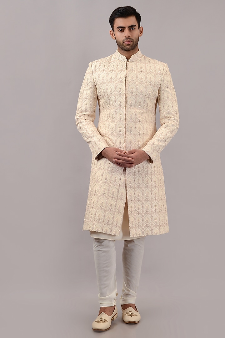 Beige Raw Silk Machine & Hand Embroidered Wedding Sherwani Set by STEEL at Pernia's Pop Up Shop