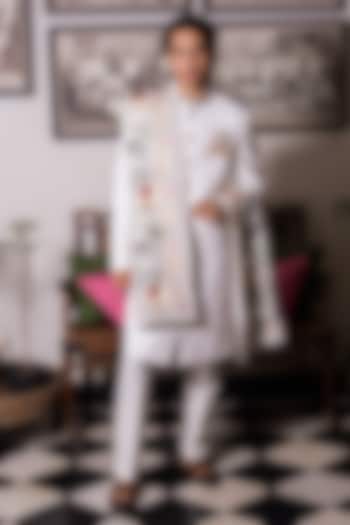 White Matka Silk Hand Embroidered Wedding Sherwani Set by STEEL at Pernia's Pop Up Shop