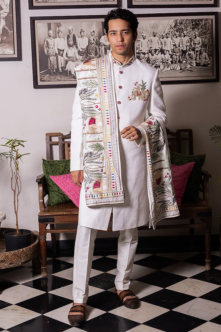 White Matka Silk Hand Embroidered Wedding Sherwani Set by STEEL at Pernia's Pop Up Shop