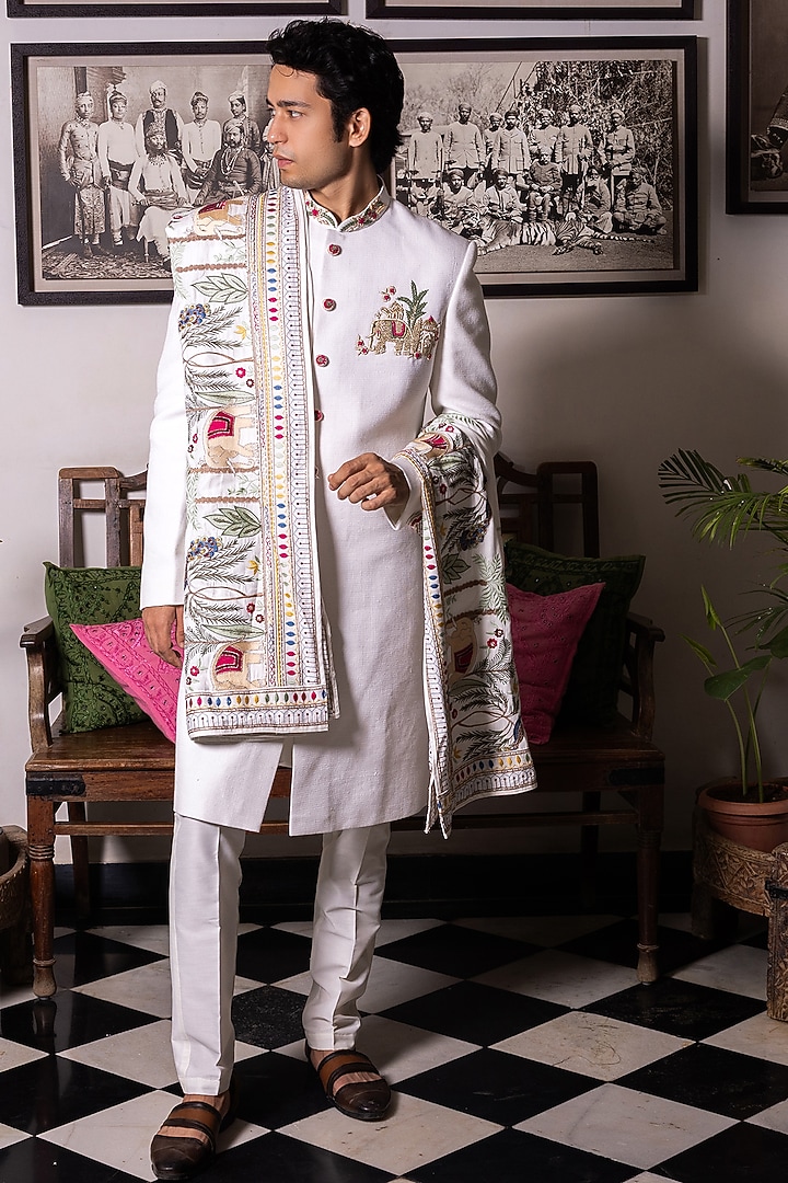 White Matka Silk Hand Embroidered Wedding Sherwani Set by STEEL at Pernia's Pop Up Shop