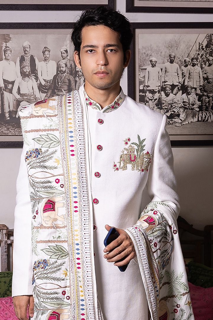White Matka Silk Hand Embroidered Wedding Sherwani Set by STEEL at Pernia's Pop Up Shop