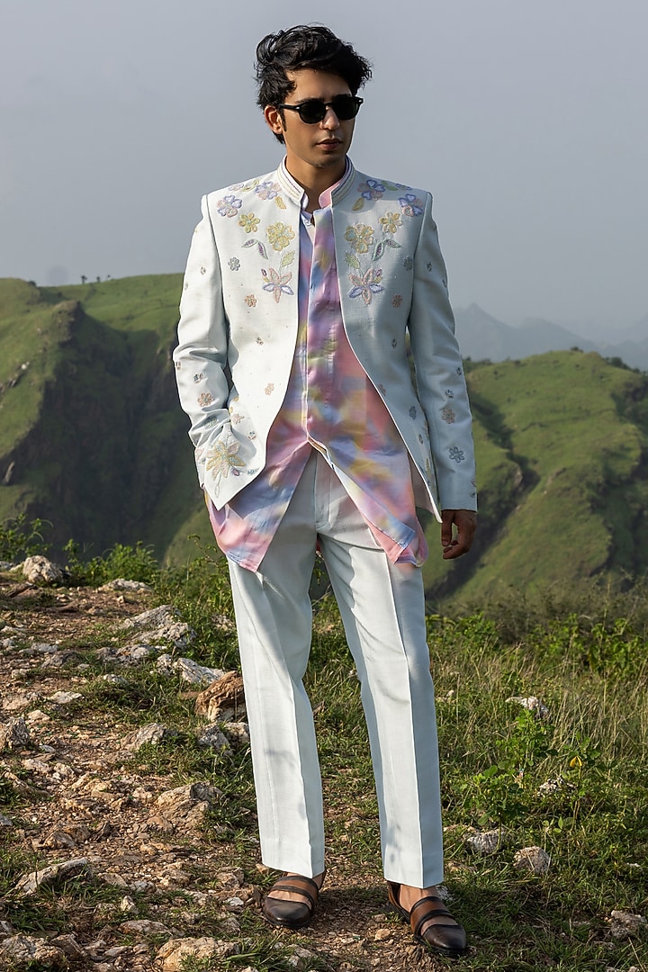 Sky Blue Raw Silk Hand Embroidered Wedding Indowestern Set by STEEL at Pernia's Pop Up Shop