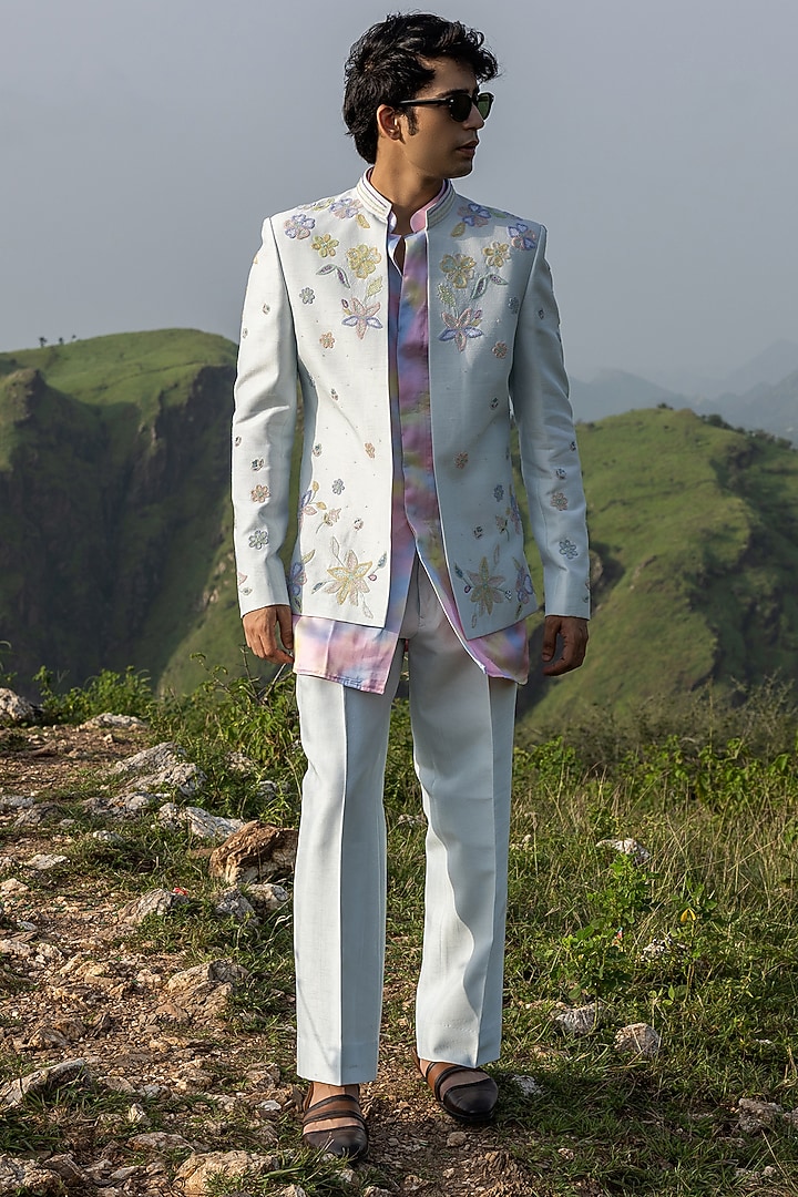 Sky Blue Raw Silk Hand Embroidered Wedding Indowestern Set by STEEL at Pernia's Pop Up Shop