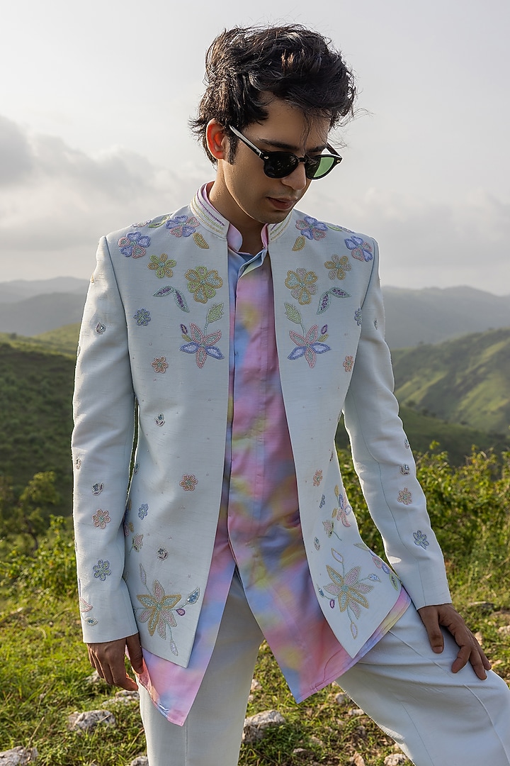 Sky Blue Raw Silk Hand Embroidered Wedding Indowestern Set by STEEL at Pernia's Pop Up Shop