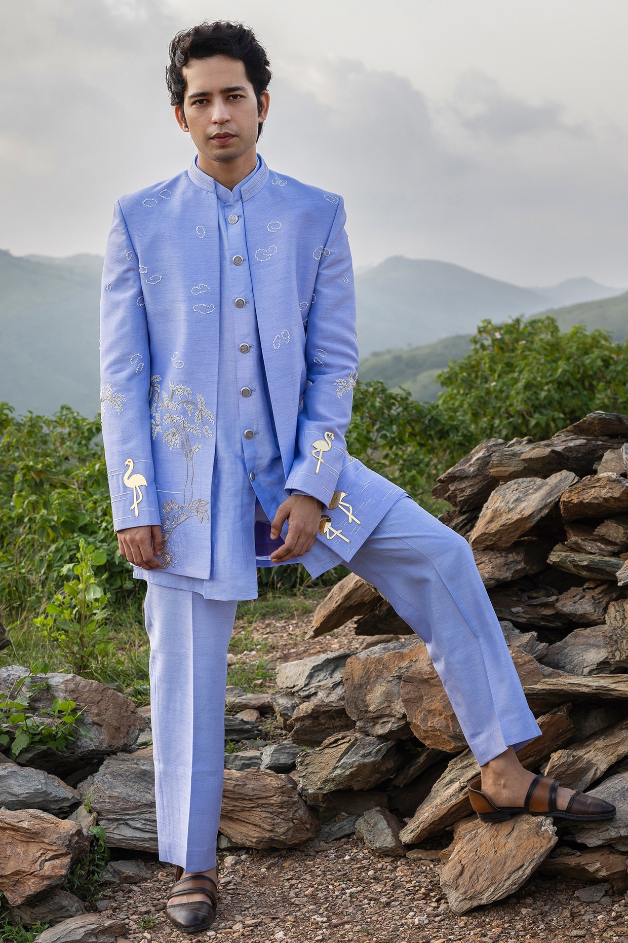 STEEL Lilac Raw Silk Hand Embroidered Indowestern Set