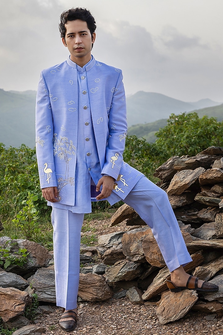 Lilac Raw Silk Hand Embroidered Wedding Indowestern Set by STEEL at Pernia's Pop Up Shop