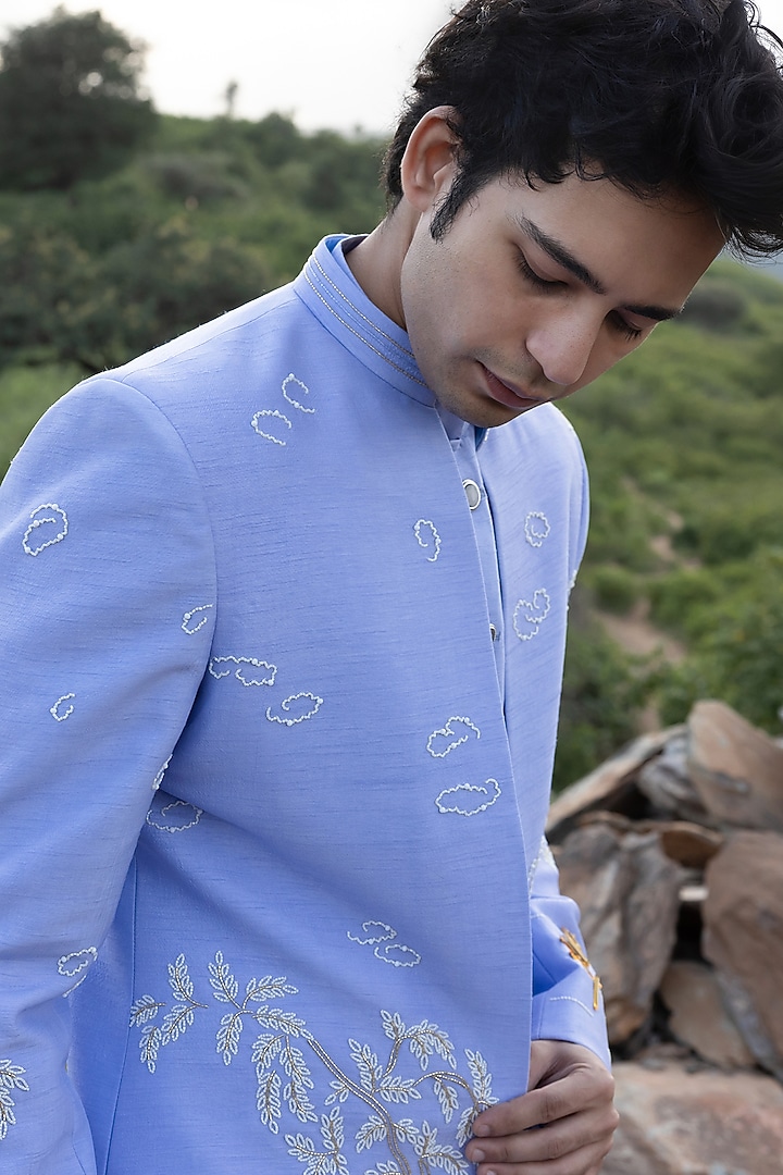 Lilac Raw Silk Hand Embroidered Wedding Indowestern Set by STEEL at Pernia's Pop Up Shop