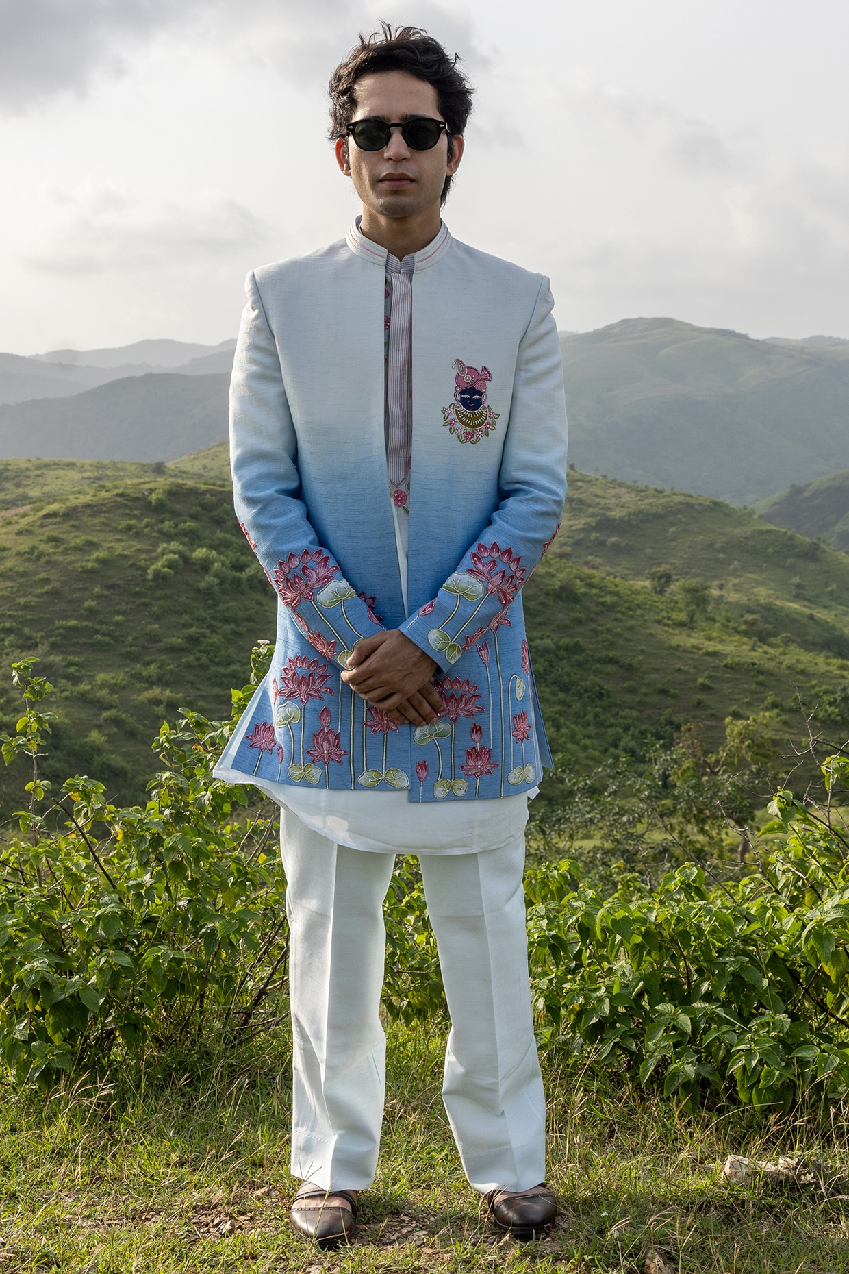 STEEL Sky Blue Raw Silk Hand Embroidered Ombre Indowestern Set