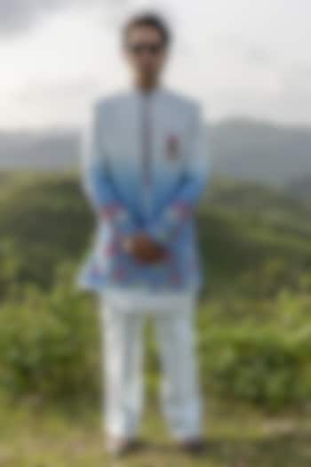 Sky Blue Raw Silk Hand Embroidered Ombre Wedding Indowestern Set by STEEL at Pernia's Pop Up Shop