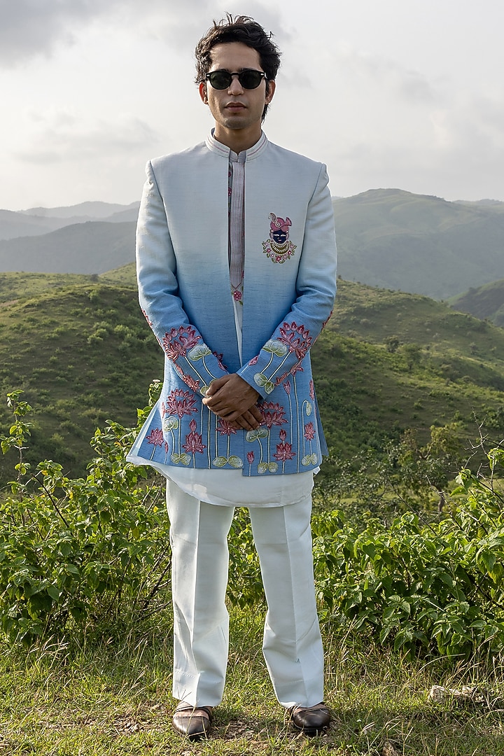 Sky Blue Raw Silk Hand Embroidered Ombre Wedding Indowestern Set by STEEL at Pernia's Pop Up Shop